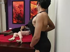 Blonde bi-babes in garters fuck a cock